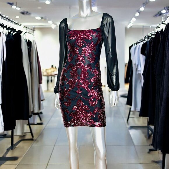 Jump Apparel Black Burgundy Damask Sequin Bodycon Mini Dress - Picture 1 of 11